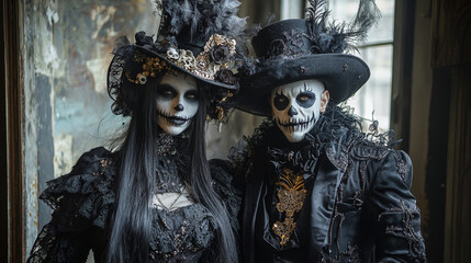 Gothic couple dressed in elaborate skeleton-themed costumes with detailed makeup, evoking a dark and eerie atmosphere indoors.