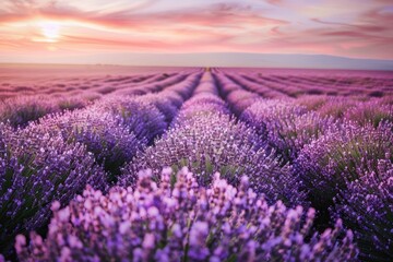 A serene scene of lavender fields at sunset, with the purple flowers glowing in the soft evening light