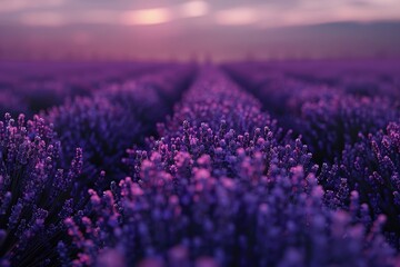 Obraz premium A serene scene of lavender fields at sunset, with the purple flowers glowing in the soft evening light
