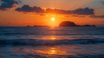 Sunset view in sea the sun setting behind islands on the shore in Atacames tourist beach of Ecuador : Generative AI