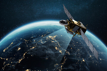 Communication and Telecommunications from Space. Broadcasting, Concept. Communication satellite...