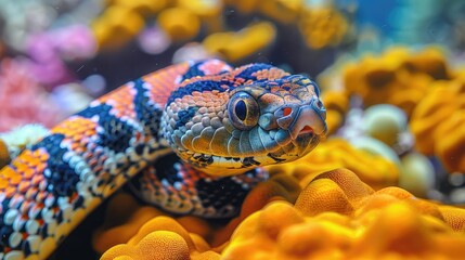 Fototapeta premium Close-up of a colorful snake's head against a yellow coral background.