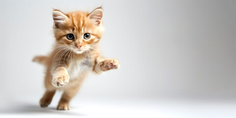 Front view of a red kitten jumping on a white background.