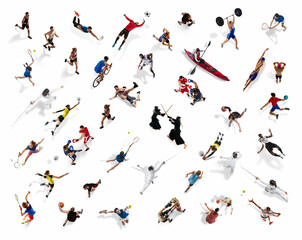 Collage. Multiple athletes, men and women of different sports in motion isolated on white...