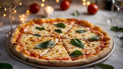 a fresh and delicious pizza with mozzarella cheese and basil leaves on top,