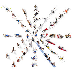 Creative top collage. Multiple athletes, men and women of different sports in motion competing for the victory isolated on white background. Concept of sport, diversity, competition, games, tournament