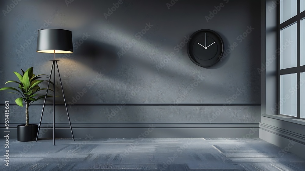 Aufkleber Grey empty room with black clock lamp and niche carpet style office style : Generative AI