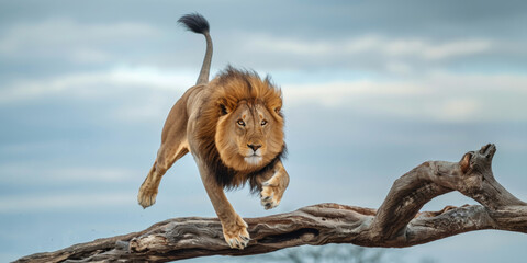 A lion runs along a path in the savannah and jumps over a fallen dry tree. Lions pride hunting.