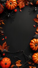 Happy halloween flat lay mockup with spiders, decoration and spider web on black background