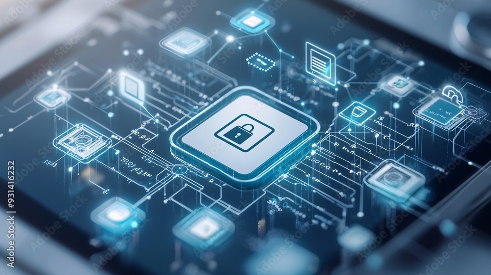 Poster digital wallet icon surrounded by a network of interconnected devices, illustrating the seamless int
