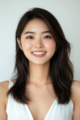 Asian woman positive smile on white background, beauty positive smile