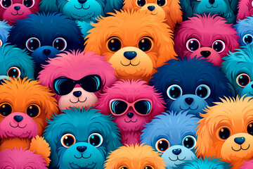 Fototapeta premium A group of colorful stuffed dogs are sitting on top of each other. The dogs are all different colors and sizes, and they are all smiling. The image has a playful and cheerful mood