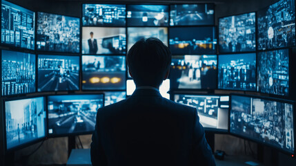 A view of a control room filled with multiple monitors displaying live footage from various security cameras, with a security guard watching