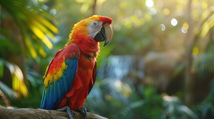 Obraz premium Scarlet Macaw Perched on a Branch in Lush Green Foliage