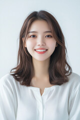 Fototapeta premium Asian woman positive smile on white background, beauty positive smile