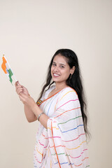 A Beautiful Indian Woman with the Tricolor Flag. Indian Independence Day, Indian Republic Day