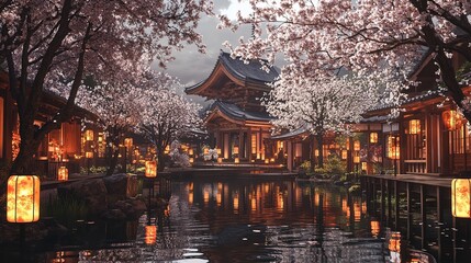 Obraz premium Cherry blossoms bloom near a traditional Asian temple at dusk with lanterns illuminating the scene