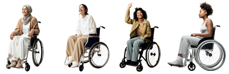 Diverse people on weheelchair png cut out element set