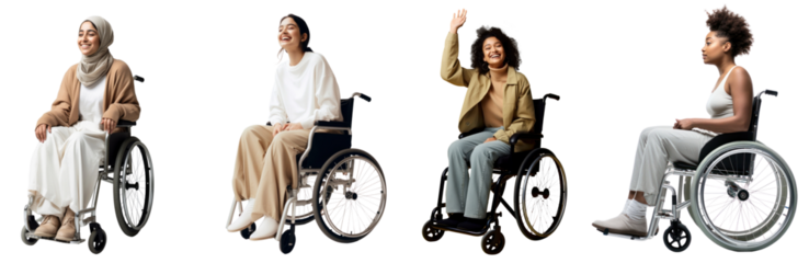Diverse people on weheelchair png cut out element set