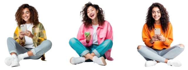 Happy women using smartphones png cut out element set