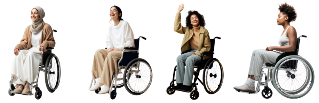 Diverse people on weheelchair png cut out element set