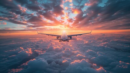 Naklejka premium Airplane Flying Through Orange and Blue Clouds at Sunset