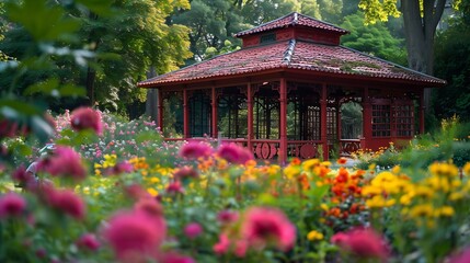 Historic red pavilion and colorful flowers in botanical garden in Zagreb Croatia : Generative AI