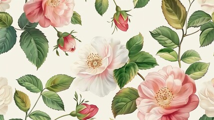 Seamless pattern with spring flowers and leaves Hand drawn background floral pattern for wallpaper or fabric Flower rose Botanic Tileall over print for textile and paper print : Generative AI