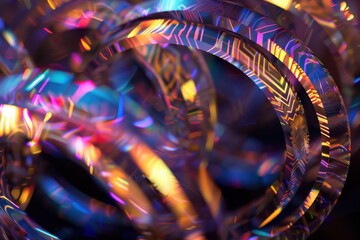 A set of interlocking holographic rings, creating an intricate pattern with shimmering effects.