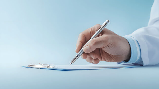 Close-up of doctor’s hand writing on prescription pad banner, light gradient background, ample copy space for text