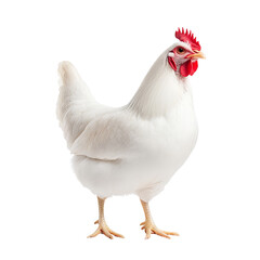 A vibrant white chicken standing gracefully, showcasing its glossy feathers and distinctive red comb, perfect for farm-themed imagery.