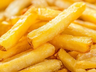 Close-up of golden, crispy French fries, ideal for food-related designs and concepts emphasizing comfort food, snacks, and fast food.