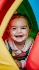 Portrait of a happy, smiling preschool child in a colorful kindergarten setting, radiating joy and...