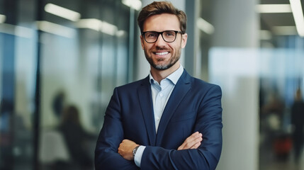 Fototapeta premium A portrait of an attractive businessman in his late thirties, wearing glasses and having short brown hair.
