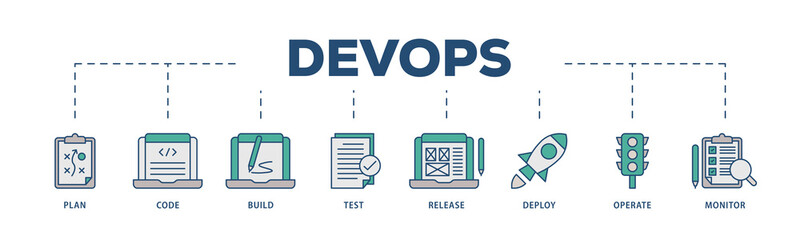 DevOps icons process structure web banner illustration of monitor, operate, test, deploy, release, build, code, plan icon png transparent background.