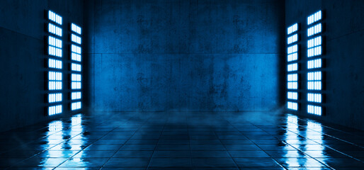Garage background. Dark empty warehouse. Blue led spotlights on hangar walls with metal tiles. Futuristic warehouse. Industrial background. Futuristic corridor. 3d render.