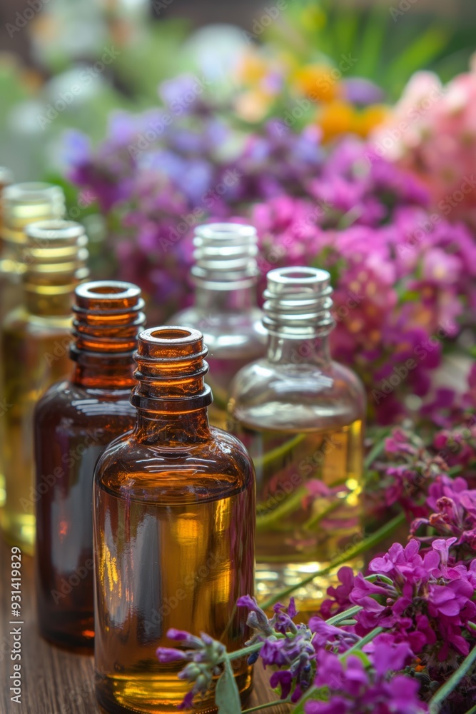 Poster a row of six bottles of essential oils are lined up on a table with flowers in the background