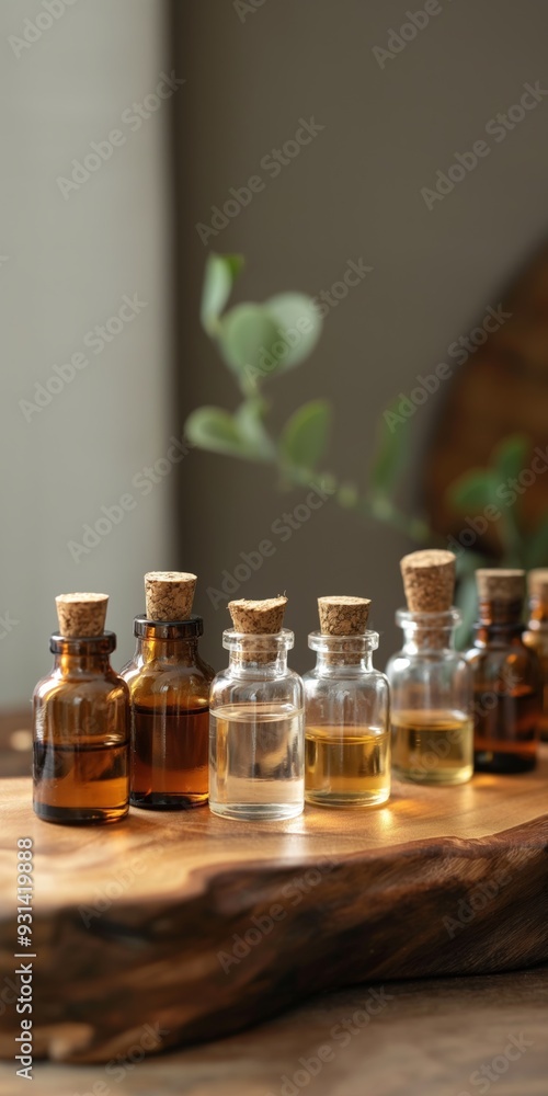 Poster a wooden table with several glass bottles of different scents. the bottles are arranged in a row, wi