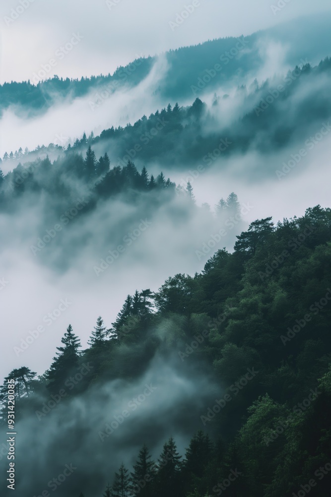 Poster a misty forest with trees and a foggy sky. the atmosphere is calm and serene, with the mist creating