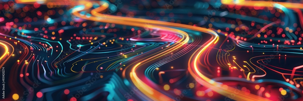 Poster colorful and dynamic abstract lines crisscross a stylized map, representing pathways and connectivit