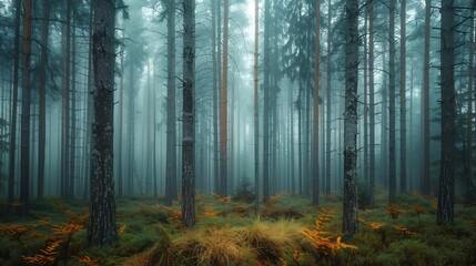 Obraz premium Misty forest with tall straight trees creating a mysterious and serene atmosphere : Generative AI