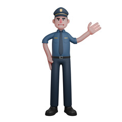 Male Police 3D Illustration. A police officer is waving with a friendly and approachable expression. Professional