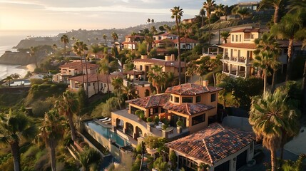 Obraz premium Aerial view of hillside luxury single family homes above Sunset Beach San Diego with palm trees and large terrace : Generative AI