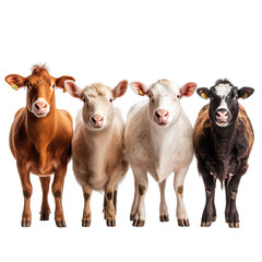 Fototapeta premium Four adorable cows standing side by side, showcasing a variety of colors and breeds in a charming farmyard setting.