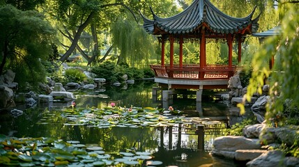 Fototapeta premium The Chinese Garden part of the Montreal Botanical Gardens Montreal Jardin Botanique : Generative AI