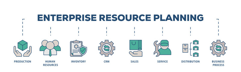 Enterprise resource planning icons process structure web banner illustration of production, human resources, inventory, crm, sales, service icon png transparent background.