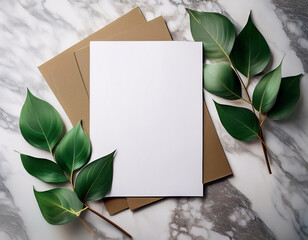 Blank paper sheets on marble background with green leaves. Flat lay, top view