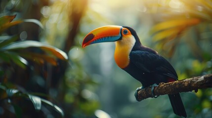 Obraz premium A Vibrant Toucan Perched on a Branch in a Lush Tropical Forest