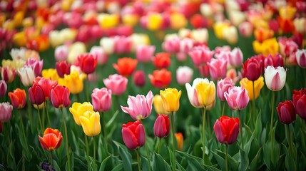 A field of tulips in full bloom, stretching as far as the eye can see. The flowers are arranged in neat rows, showcasing a spectacular array of colors, from deep reds 