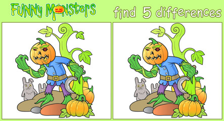 scary monster jack o lantern, illustration game find five differences
